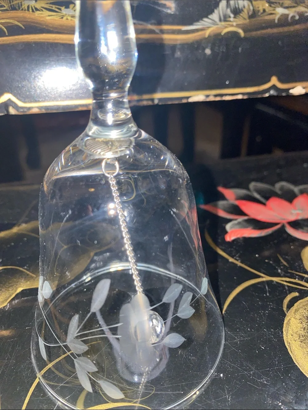 Princess House Clear Etched Glass Dinner Bell - White Floral Design